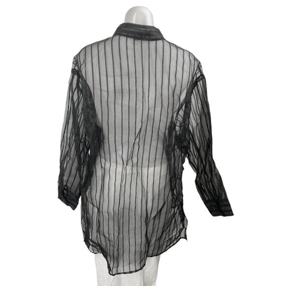 DR2 Women's Black Striped Long Sleeve Button Down Sheer Tunic Blouse Shirt Top M - Picture 2 of 5